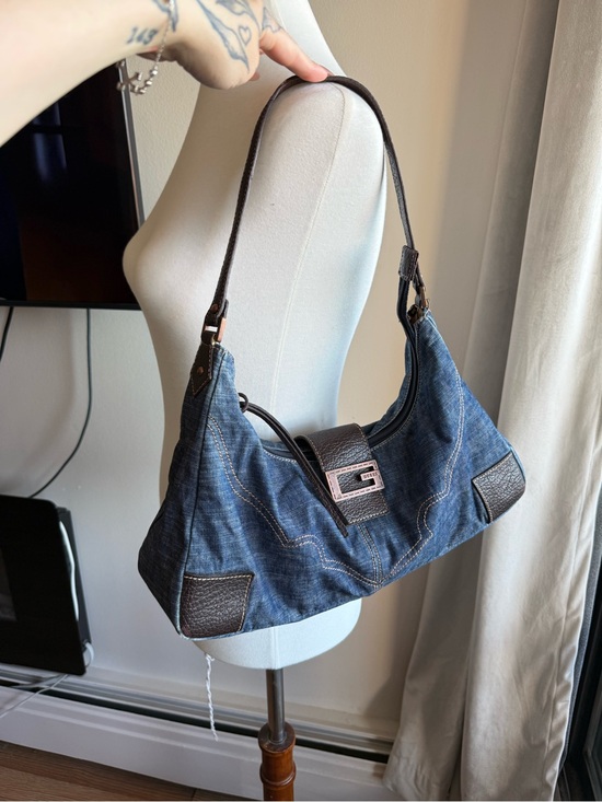 Guess Handbags - Guess Denim Shoulder Bag with Dark Brown Trim